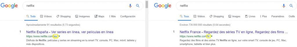 Dos resultados diferentes para Google en España y Francia.